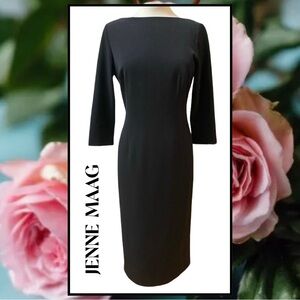 JENNE MAAG Black Stretch Wool Crepe Classic Long Fitted Lined Dress M NEW